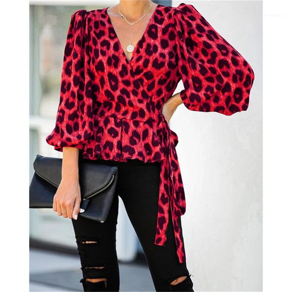 

casual brief chic lantern sleeve with belt loose summer womens designer tees leopard v neck womens shirts long sleeve summer spring, White