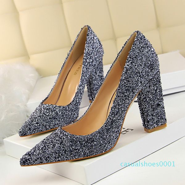 

gold thick high heel pointed toe pumps glitter sequined wedding shoes silver prom gown dress shoes size 34 to 39 c01, Black