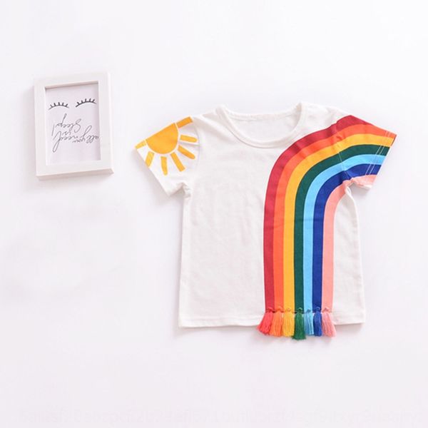 

ins wear boy's casual rainbow tassel round collar t-shirt sun children's t-shirt children's clothing printed short sleeve, Blue