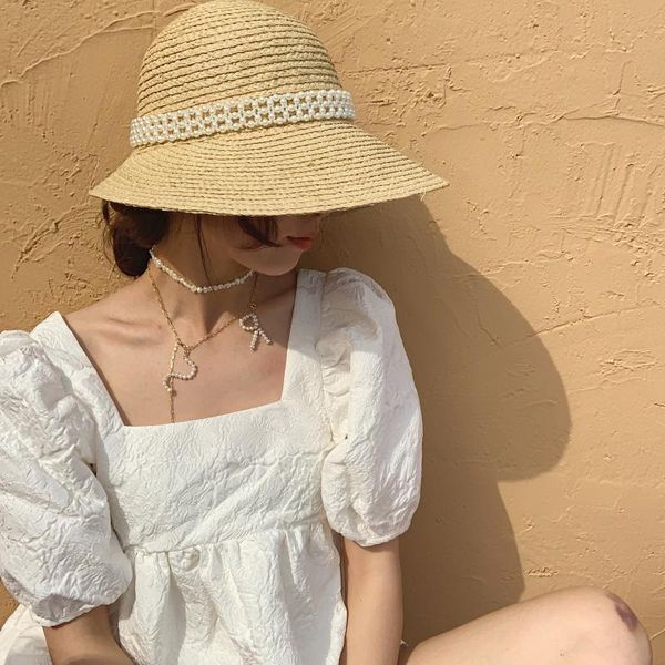 

wide brim hats small sweet wind pure handmade pearl cap dovetail straw lafite sun hat bucket, Blue;gray