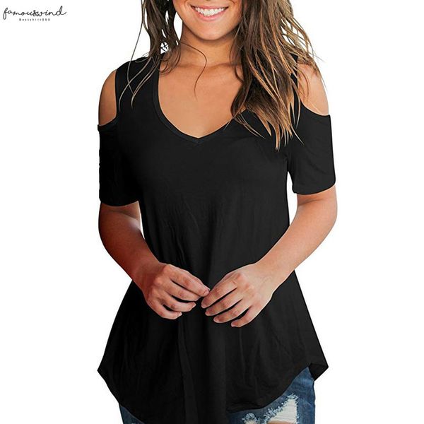 

women blouses womens cap sleeve casual short sleeve cold shoulder tunic loose v neck blouse shirts short hollow out solid shirt, White