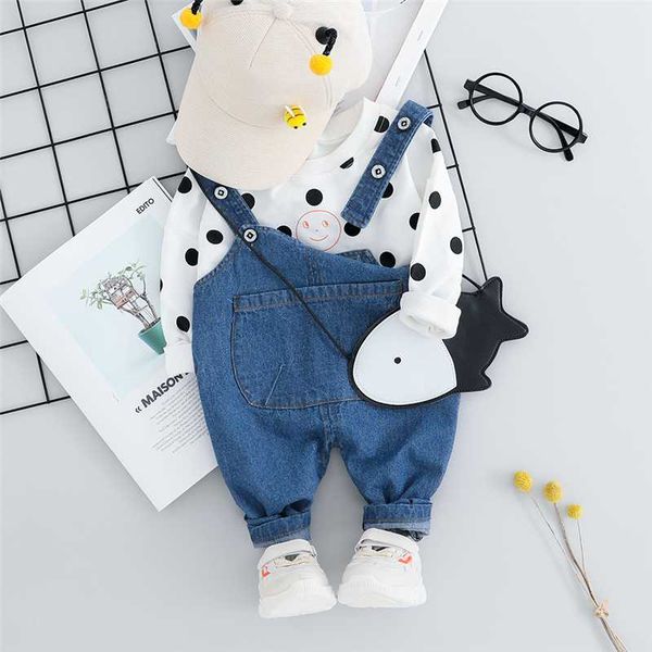 

hylkidhuose 2020 autumn baby girls clothing sets toddler infant clothes suits polka dot t shirt bib pants kids children costume, White
