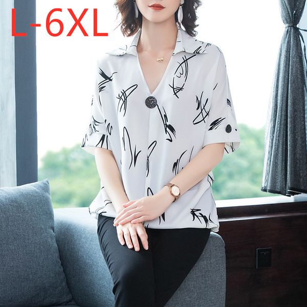 

women's blouses & shirts 2021 summer ladies plus size for women large blouse short sleeve loose casual white print chiffon shirt 3xl 4