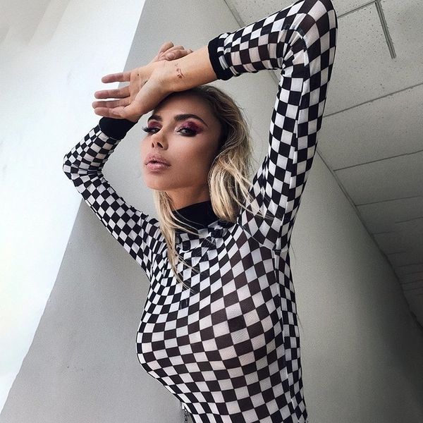 

black white plaid checkerboard t shirts for women hollow out slim female t shirt long sleeve tee shirts