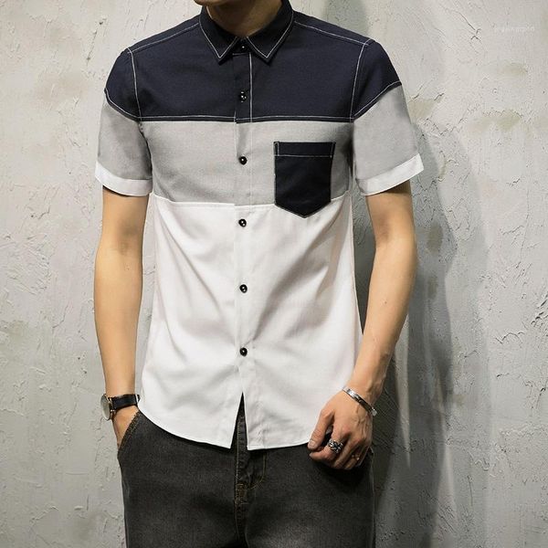 

patchwork mens shirts summer lapel neck loose men casual shirts short sleeve slim clothing contrast color, White;black