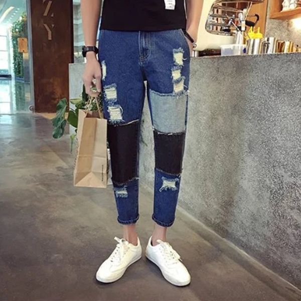 

ptpuy 2020 spring and autumn new men's trousers and trousers denim piercing ankle pants men's youth korean fashion piercing ankle, Blue