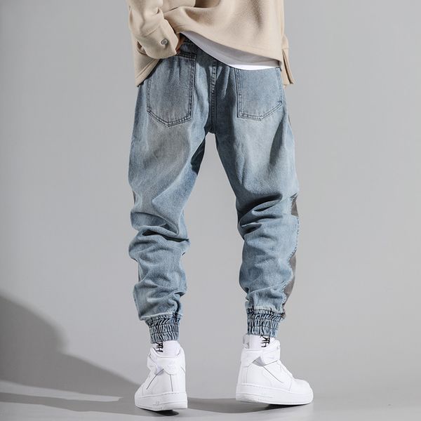 

japanese fashion men jeans vintage loose fit spliced denim carg pants harem jeans streetwear stripe designer hip hop men, Blue