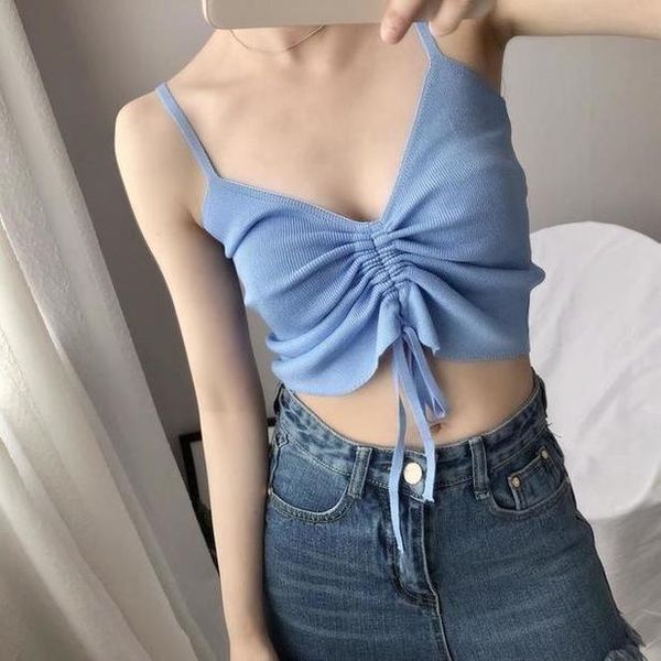 

v neck knitted fabric camis tank women drawstring tie front female strap sleeveless fitness vest summer crop top, White