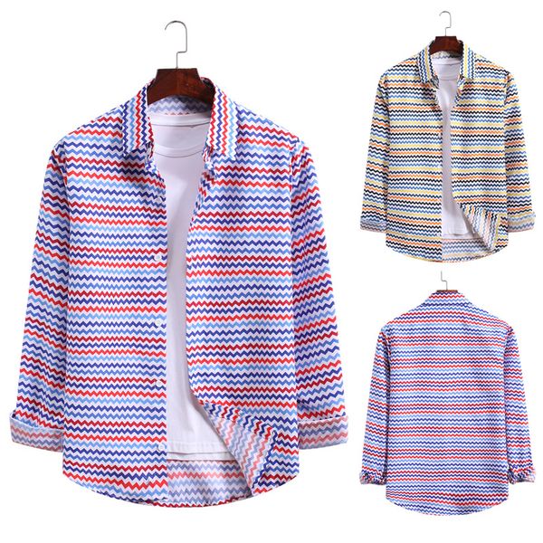 

men's casual shirts 2021 autumn and winter long-sleeved shirt fashion wavy striped contrast color cool al051, White;black