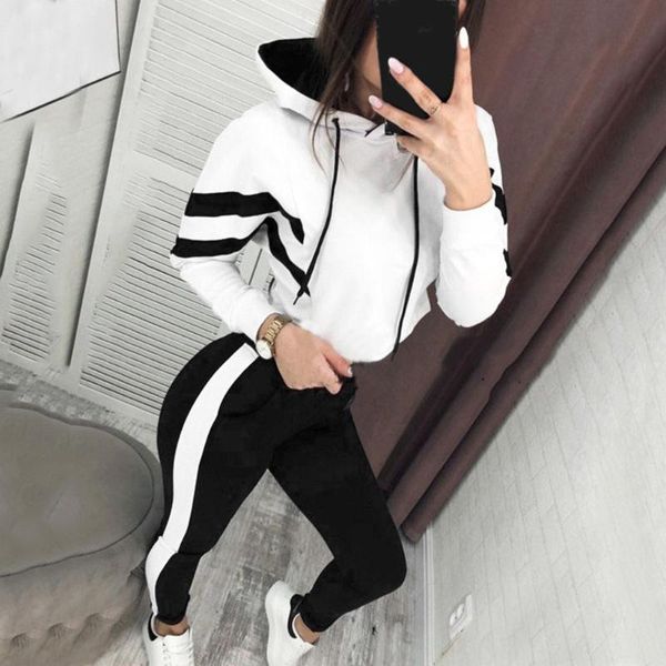 

perimedes women sports suit splice cropped pullover sweatshirt and side striped pants tracksuit sets sport suit women 2020#g25, Black;blue