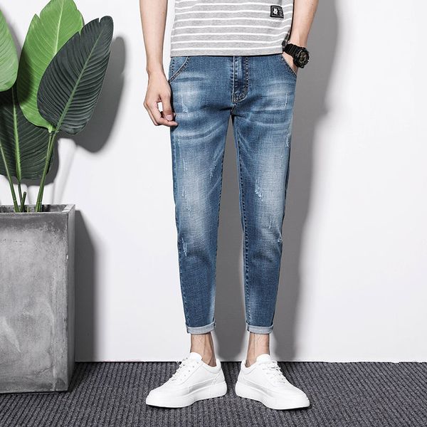 

2020 spring and summer new youth popular simple solid color men's slim large size jeans fashion casual nine-point pants, Blue