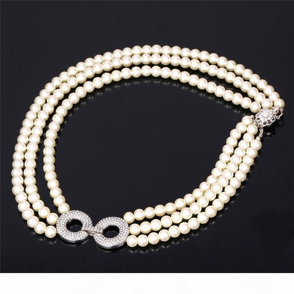 

women's 3 layers synthetic pearl necklace clear austrian rhinestone round charms new luxury multilayer beaded necklace, Silver