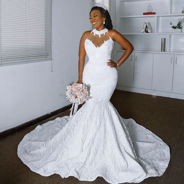 

2020 arabic aso ebi plus size lace sheer neck wedding dresses mermaid vintage bridal dresses wedding gowns zj0533, White