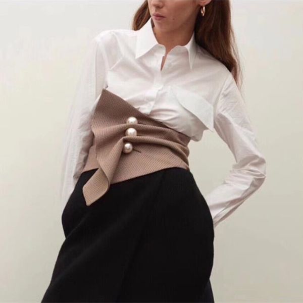 

fashion irregular plaid three-dimensional pearl buckle belt vintage high waist slim women cummerbund, Black;brown
