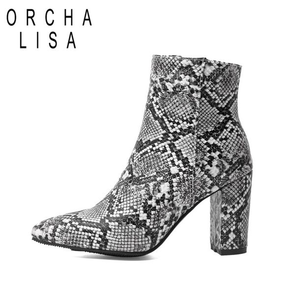 

orcha lisa autumn mid-calf boots pointed toe 8cm square heel pu zipper animal print big size 33-46 grey green wood casual c1973, Black