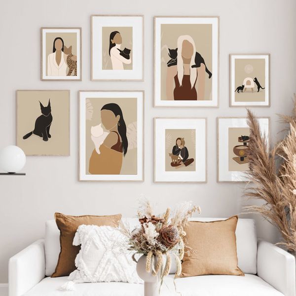 

long-haired fashion woman and ocelot black cat white cat canvas painting wall art poster and print for living room home deco