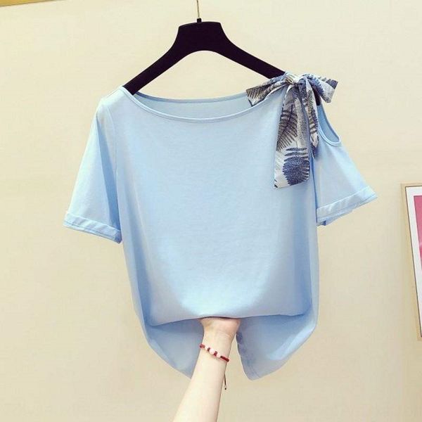 

a1i9x 2020 summer new korean style bow scarf single off-shoulder scarf butterfly butterfly round neck short sleeve t-shirt women's casu, White