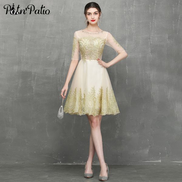 

party dresses gold prom short 2021 elegant o-neck see through luxury appliques birthday for women, White;black