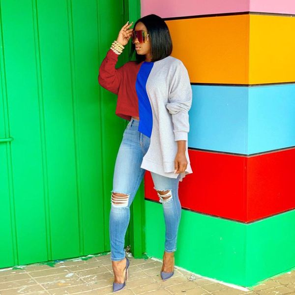 

одежда лоскутной асимметрия длина женщин фуфайка контраст цвет o-образный вырез женщина топы повседневного сыпучие с длинным рукавом дамы, Black