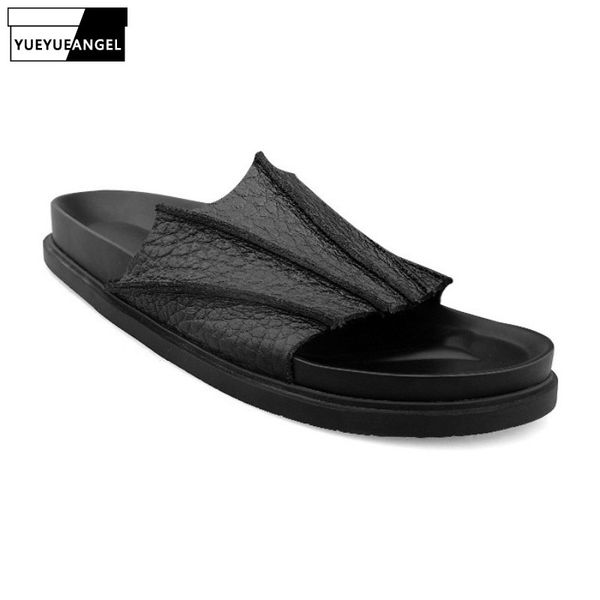

designer pleated men summer slides slippers outside male luxury genuine leather slippers fashion thick platform streetwear shoes, Black