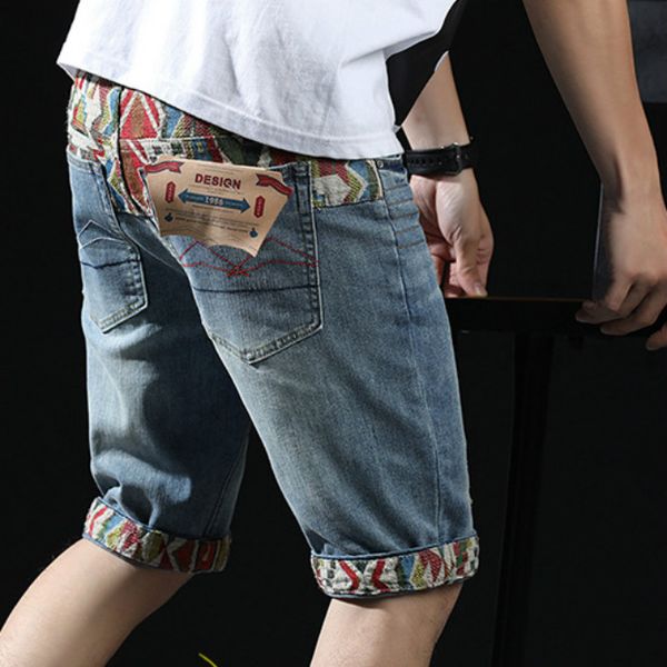 

2020 designer jeans men summer new retro british stitching denim short jeans men fashion hole stretch straight 2020 five-point pants, Blue