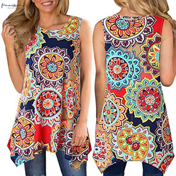 

womens shirt blouses female casual irregular printed sleeveless asymmetrical loose tunic crew neck blouse shirts for women, White