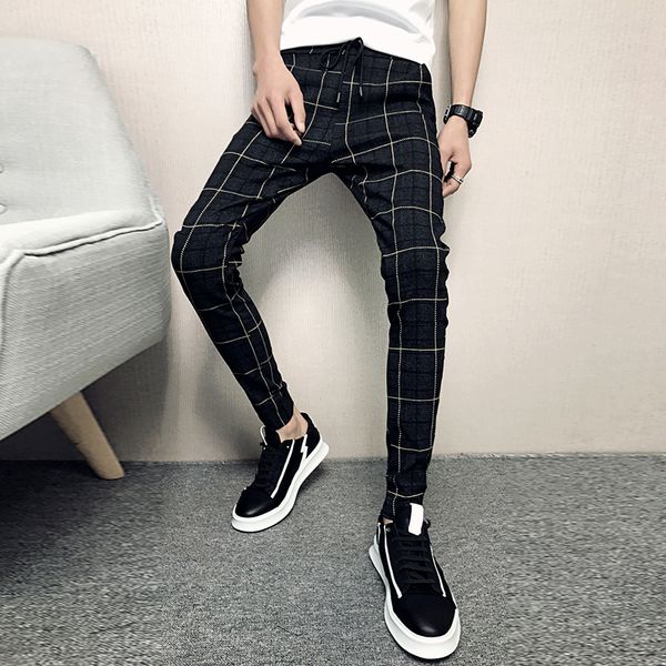 

34 36 pants men slim fit british plaid mens pants fashion 2020 summer casual young man hip hop trousers male sale, Black