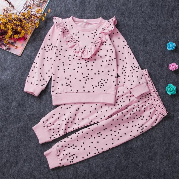 

1-6y малышей девочки комплект топы + штаны прекрасные осень зима длинные рукава ruffles dot печать пуловер розовый толстовка 2pcs наборы, White