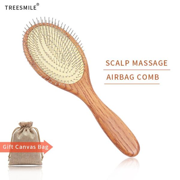 

wooden steel needle hair brush pin hairbrush scalp massage improve hair health wood paddle detangling comb, Silver