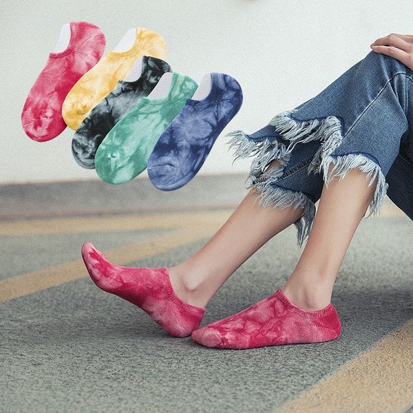 

new men's and women's invisible boat harajuku fashionable silk couple tie-dyed semi-brushed socks fashion couple socks, Pink;yellow