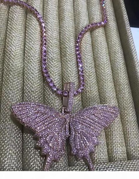 

14k iced out butterfly pendant necklace mens pink chain pendants diamond butterfly necklace rapper singer jewelry, Silver