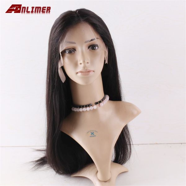 

anlimerperuvian lace frontal huam hair wig for baby hair pre plucked 13*6 silky straight remy hair lace front wig, Black