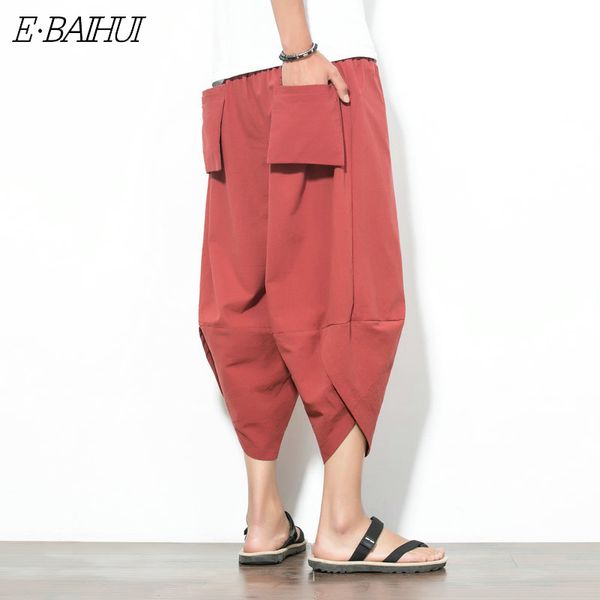 

e-baihui pants for men solid color harem pants cropped loose personality wide leg carrot 5 colors m-5xl, Black