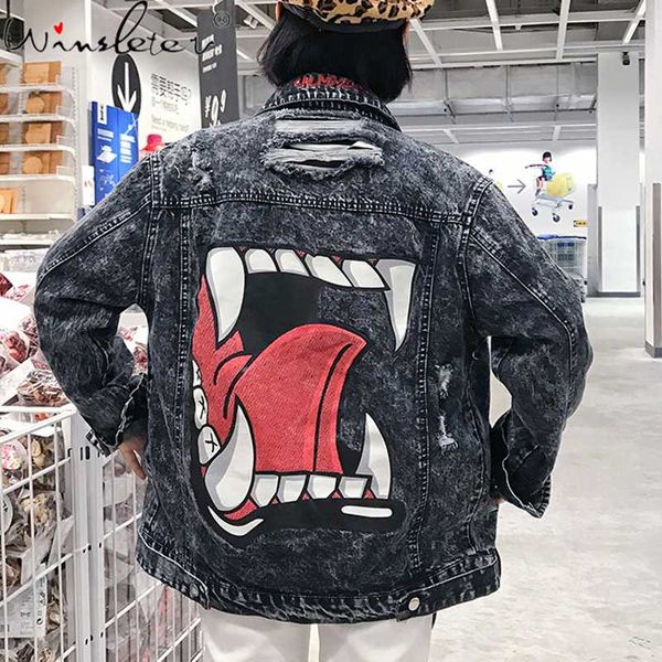 

women's jackets autumn winter clothes loose hole denim jacket fashion print graffiti streetwear women coat hip-hop cowboy outerwear c0, Black;brown
