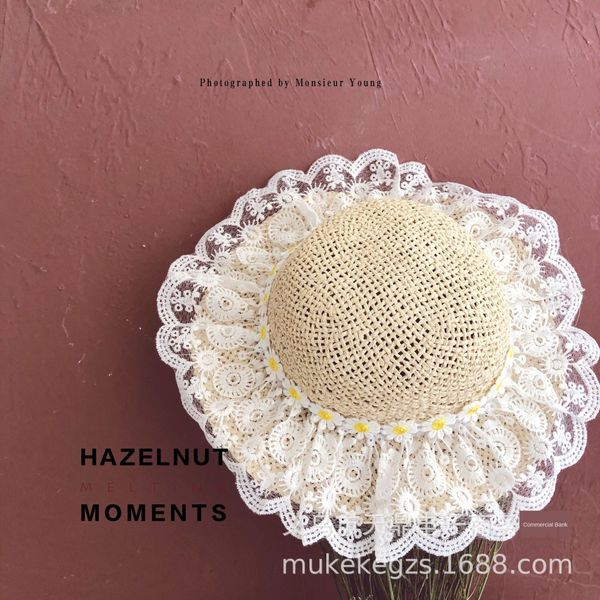 

tianding beach wind big lace ring daisy decorative children's straw sunshade big edge sunshade sunscreen hat baby sunscreen hat, Blue;gray