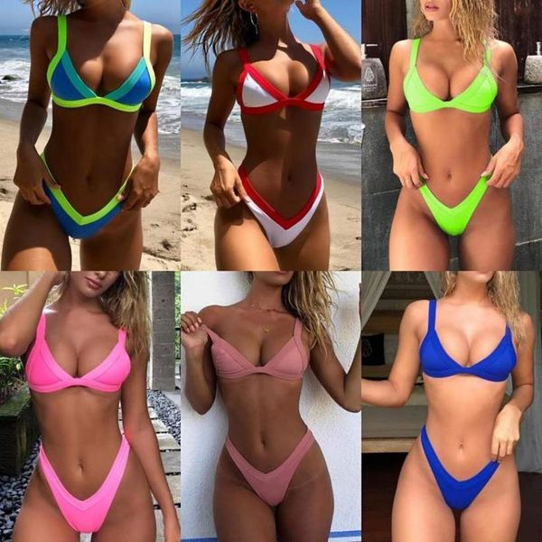 

bikini 2020 solid swimsuit women swimwear push up bikini set patchwork biquini brazilian summer beach bathing suit swim wear, White;black