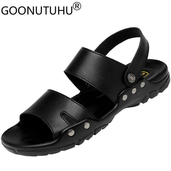 

2020 style men's sandals casual leather shoes male summer breathable beach sandal man slippers flats sandals for men size 38-50, Black