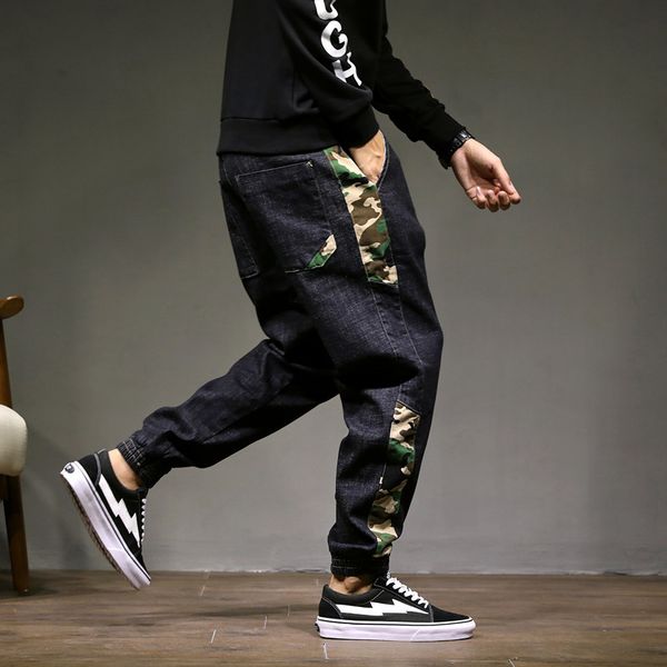 

men's jeans plus size 42 baggy camouflage spliced black men streetwear harem denim pants elastic waist casual trousers, Blue