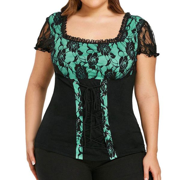 

plus size womens blouse and lace patchwork square neck short sleeve casual lace up blusas for femme shirts 5xl, White