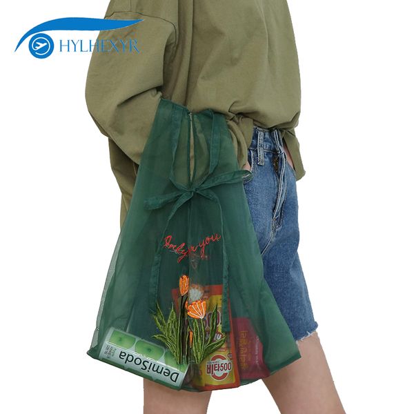 

hylhexyr summer beach shoulder bag flower embroidery shopping bags organza casual tote women handbag girl shopper grocery bag