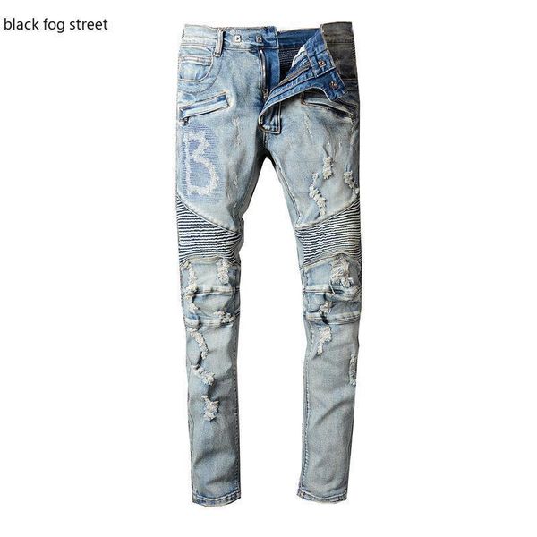 

black fog street 979# men's light blue holes ripped biker jeans for motorcycle casual pleated torn stretch denim slim pants t200410