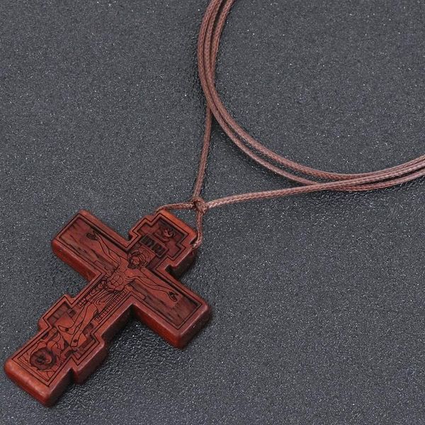 

natural wooden umbila crucifix cross jesus pendant necklaces adjustable leather rope chains necklaces inri orthodox jewelry gift, Silver