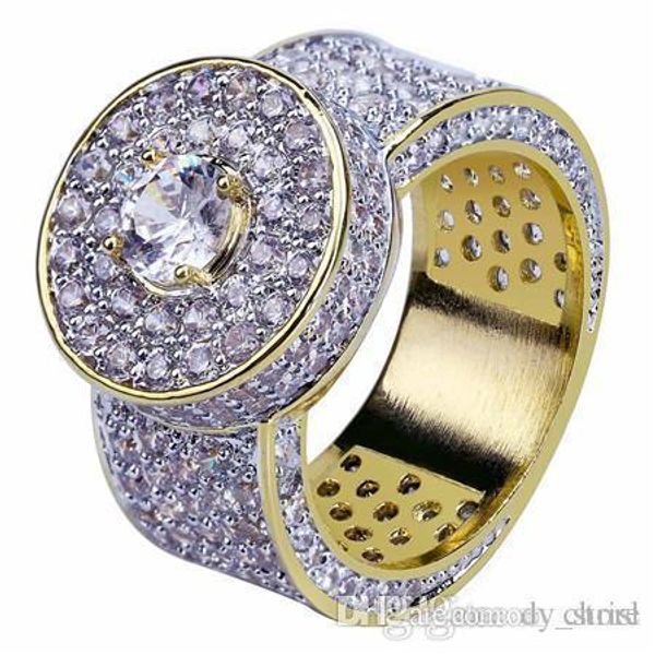 

18K Cluster Gold Planted Cut CZ Crystal Hip Hop Iced Out Rings for Men Women Bling Ring 11mm Wide