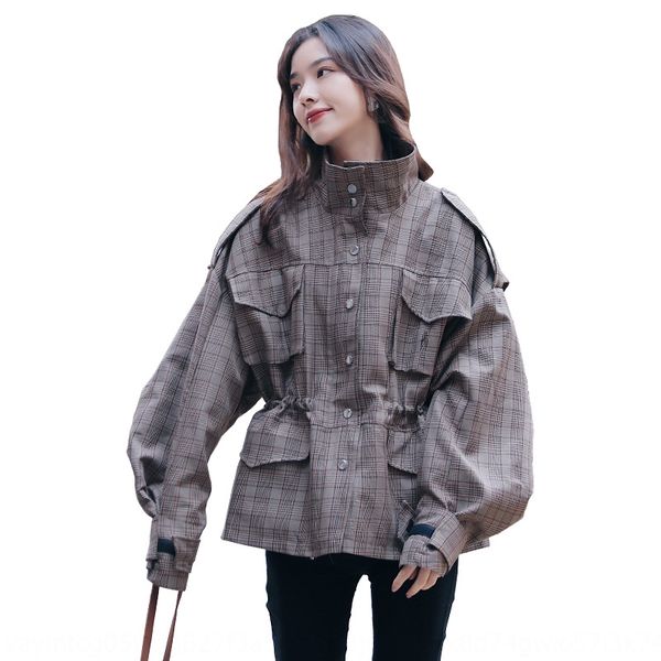 

54typ sister's clothing 2020 spring and autumn korean style windbreaker windbreaker waist drawstring mid-length plaid trench coat women, Tan;black