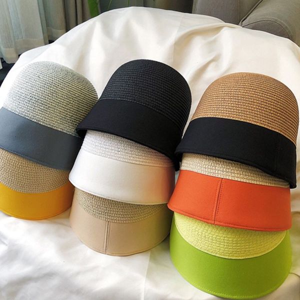 

japanese women summer bowler bucket hat color block straw patchwork harajuku outdoor sunscreen wide brim fisherman cap, Blue;gray