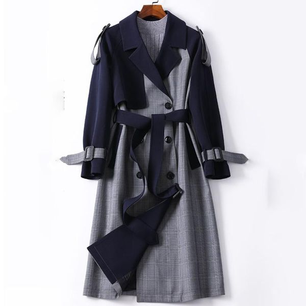 

autumn plaid long trench coat women spring elegant office coats vintage double-breasted patchwork belt outerwear, Tan;black