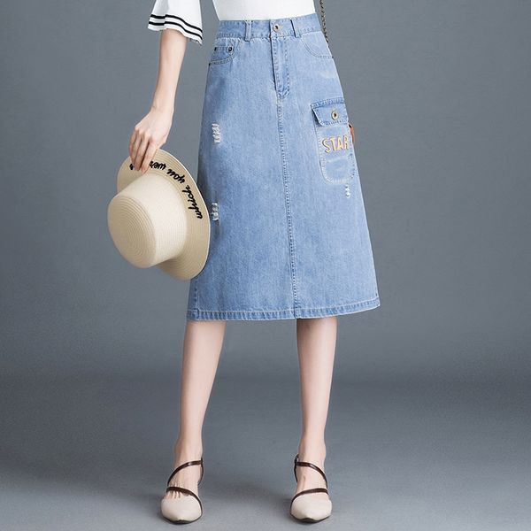 

casual 2020 summer korean style hand-worn a- line denim denim skirt slim slim mid-length skirt fashion a- line dress, Black