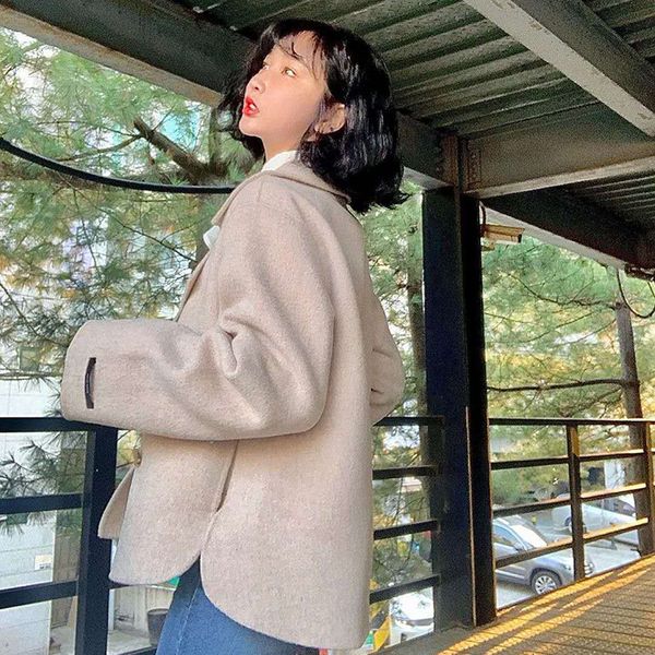 

women's wool & blends 2021 temperament korean version lapel double-breasted short loose double-sided cashmere coat, Black