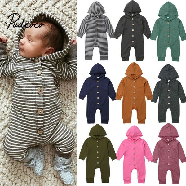 

pudcoco newborn baby boys girls autumn solid+striped rompers baby kids cotton cute clothes romper hooded jumpsuit outfits t200721, Blue