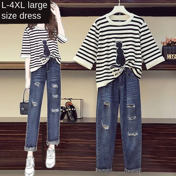 

2020 лето новой большого размера трикотажной женской одежды жир мм кошка вышитого трикотаж + отверстие джинсового обрезанных брюки костюма д, Gray